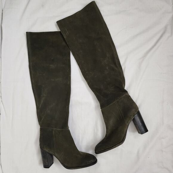 NEW Free People Dakota Moss Green Suede Leather Heeled Tall Slouchy Boots - Picture 1 of 11